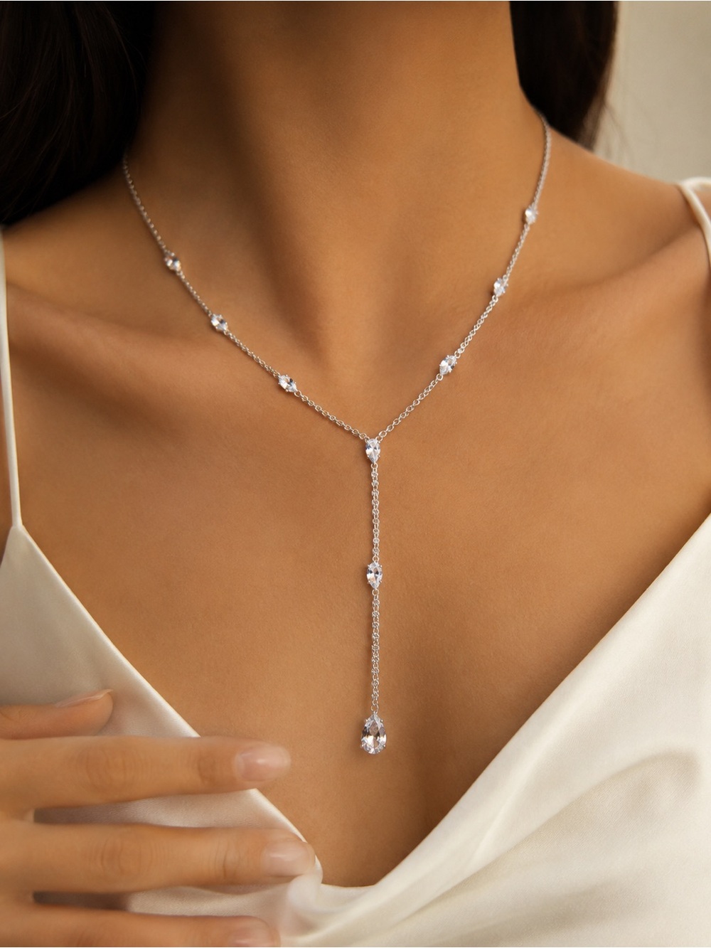 Silver Crystal Y-Drop Necklace - Elegant Women Jewelry